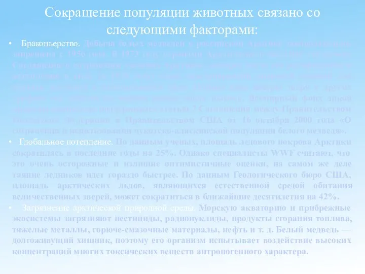 Сокращение популяции животных связано со следующими факторами: Браконьерство. Добыча белых медведей в