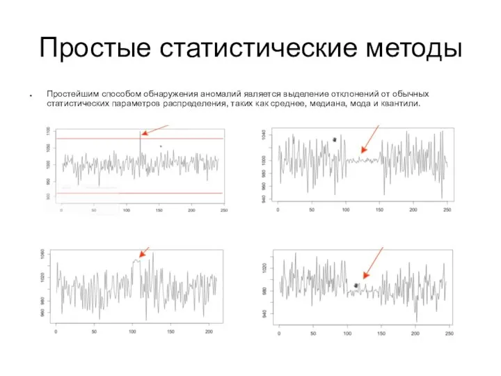 Простые статистические методы Простейшим способом обнаружения аномалий является выделение отклонений от обычных