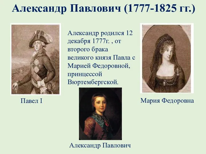Александр Павлович (1777-1825 гг.) Александр родился 12 декабря 1777г. , от второго