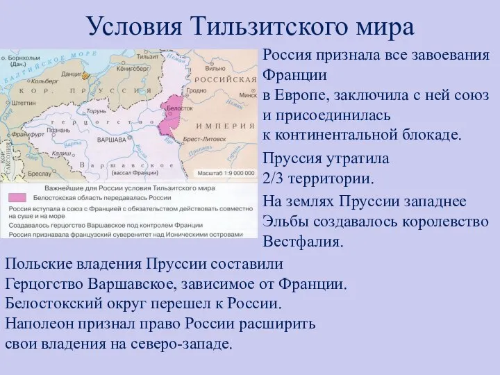 Условия Тильзитского мира Россия признала все завоевания Франции в Европе, заключила с