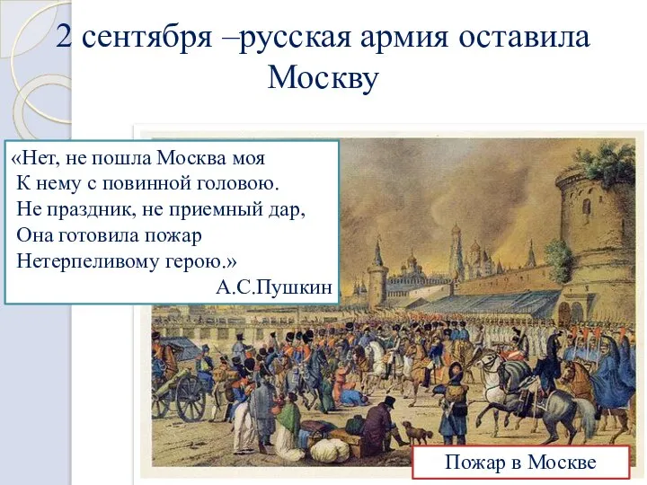 2 сентября –русская армия оставила Москву Пожар в Москве «Нет, не пошла