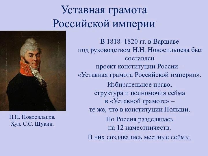 Уставная грамота Российской империи В 1818–1820 гг. в Варшаве под руководством Н.Н.