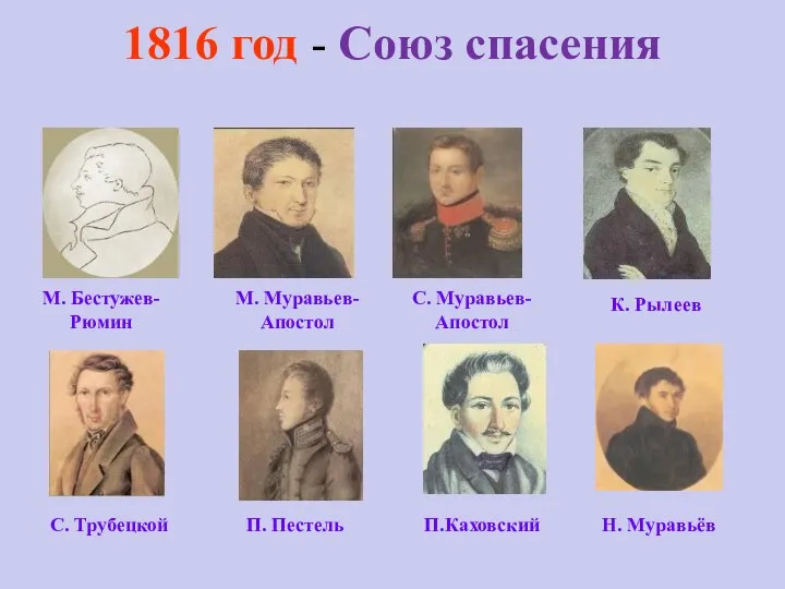 1816 год - Союз спасения М. Бестужев-Рюмин М. Муравьев-Апостол С. Муравьев-Апостол С.