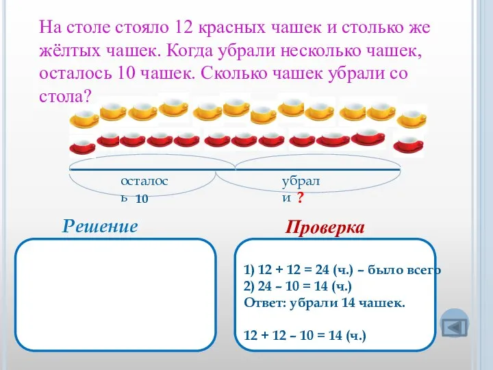 На столе стояло 12 красных чашек и столько же жёлтых чашек. Когда