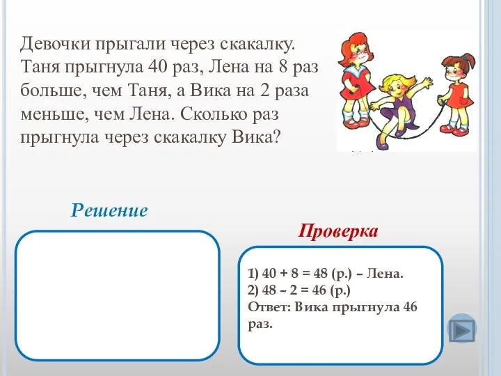 Девочки прыгали через скакалку. Таня прыгнула 40 раз, Лена на 8 раз