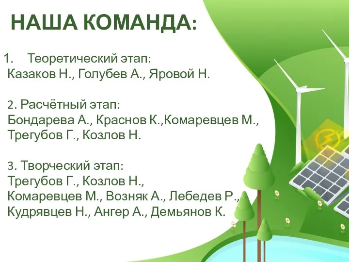 НАША КОМАНДА: Теоретический этап: Казаков Н., Голубев А., Яровой Н. 2. Расчётный