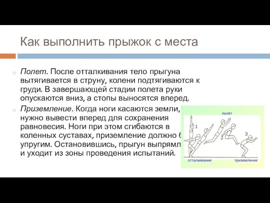 Как выполнить прыжок с места Полет. После отталкивания тело прыгуна вытягивается в