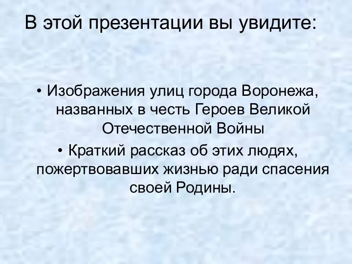 В этой презентации вы увидите: Изображения улиц города Воронежа, названных в честь