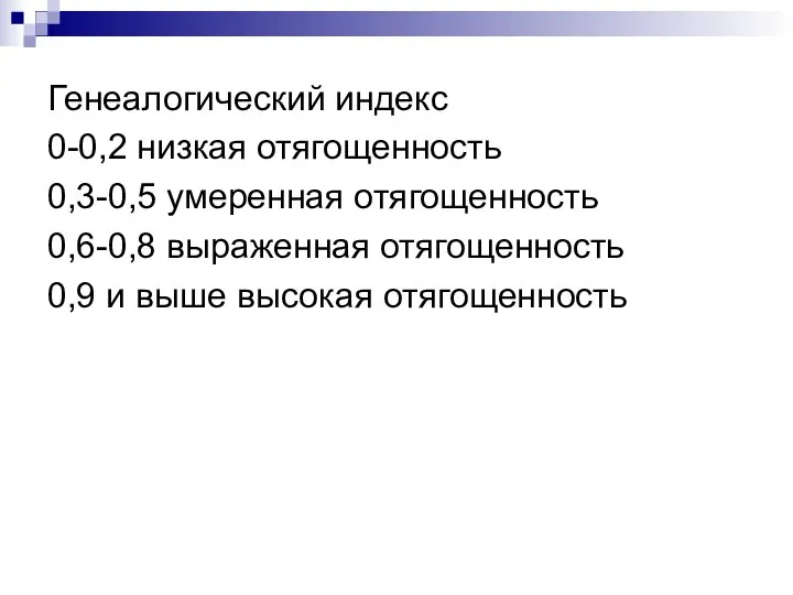 Генеалогический индекс 0-0,2 низкая отягощенность 0,3-0,5 умеренная отягощенность 0,6-0,8 выраженная отягощенность 0,9 и выше высокая отягощенность