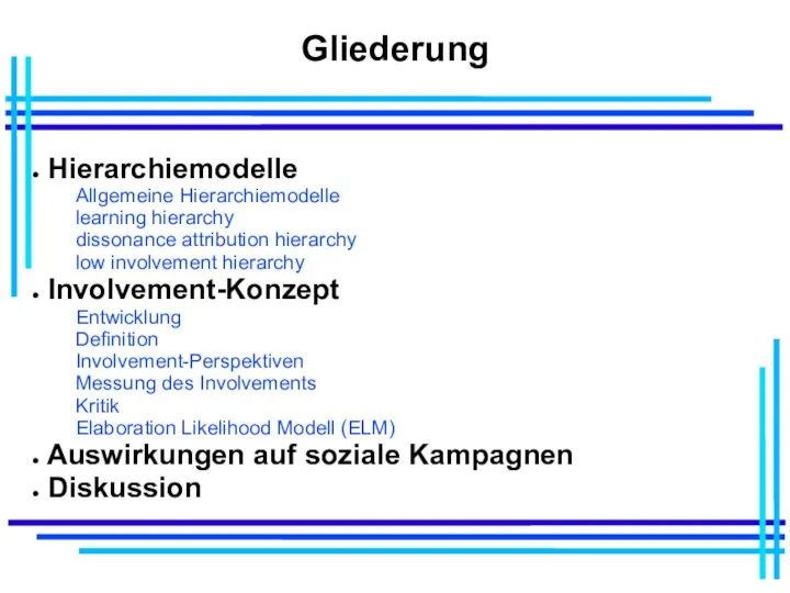 Gliederung Hierarchiemodelle Allgemeine Hierarchiemodelle learning hierarchy dissonance attribution hierarchy low involvement hierarchy