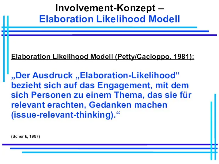 Involvement-Konzept – Elaboration Likelihood Modell Elaboration Likelihood Modell (Petty/Cacioppo, 1981): „Der Ausdruck