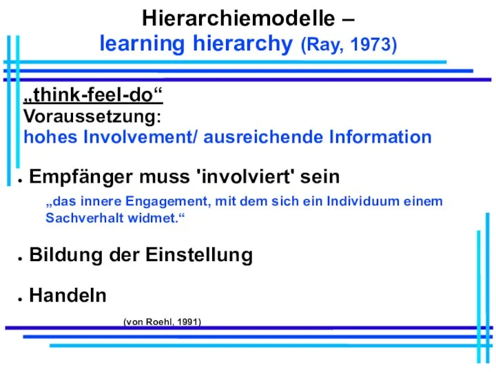 Hierarchiemodelle – learning hierarchy (Ray, 1973) „think-feel-do“ Voraussetzung: hohes Involvement/ ausreichende Information