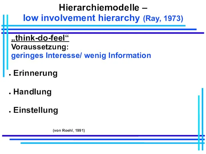 Hierarchiemodelle – low involvement hierarchy (Ray, 1973) „think-do-feel“ Voraussetzung: geringes Interesse/ wenig