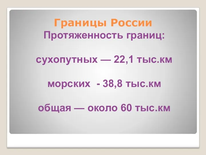 Границы России Протяженность границ: сухопутных — 22,1 тыс.км морских - 38,8 тыс.км