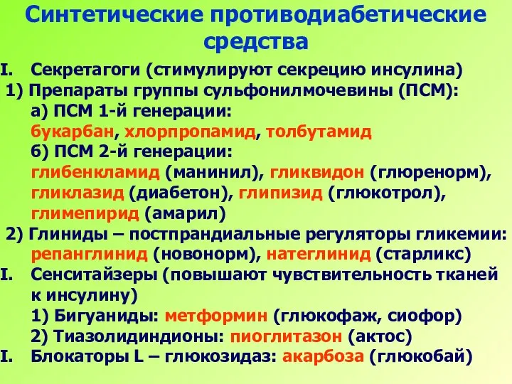 Синтетические противодиабетические средства Секретагоги (стимулируют секрецию инсулина) 1) Препараты группы сульфонилмочевины (ПСМ):