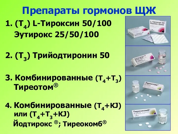 Препараты гормонов ЩЖ 1. (Т4) L-Тироксин 50/100 Эутирокс 25/50/100 2. (Т3) Трийодтиронин
