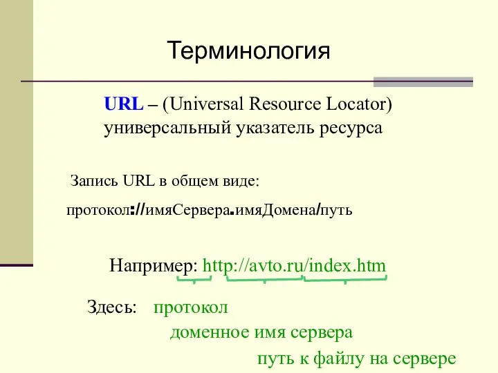 URL – (Universal Resource Locator) универсальный указатель ресурса Например: http://avto.ru/index.htm Здесь: путь