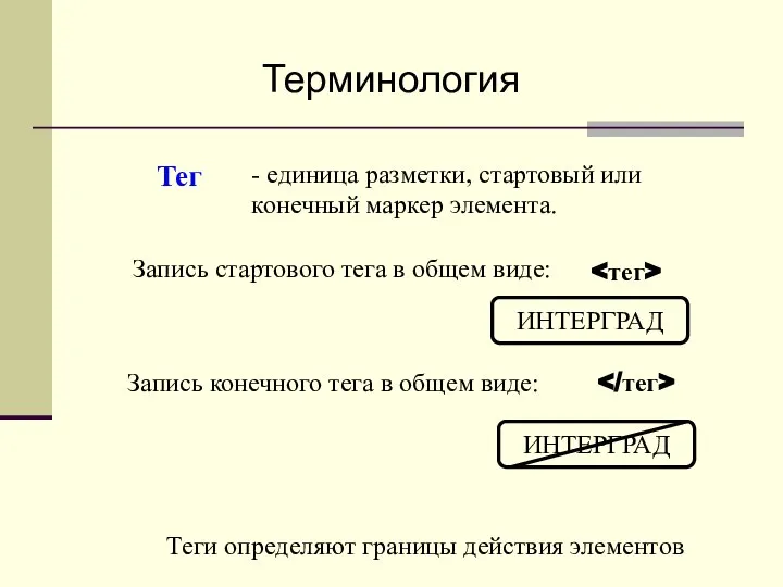 - единица разметки, стартовый или конечный маркер элемента. Запись стартового тега в