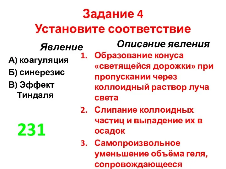 Задание 4 Установите соответствие Явление А) коагуляция Б) синерезис В) Эффект Тиндаля