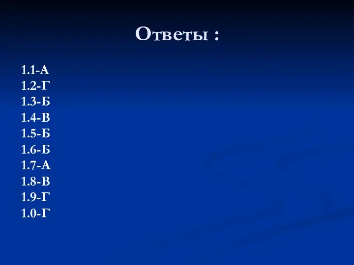 Ответы : 1.1-А 1.2-Г 1.3-Б 1.4-В 1.5-Б 1.6-Б 1.7-А 1.8-В 1.9-Г 1.0-Г