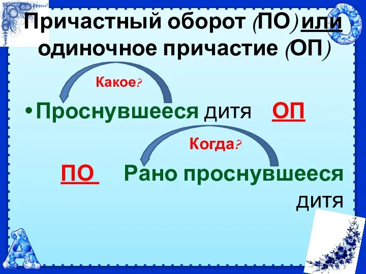 Причастный оборот (ПО) или одиночное причастие (ОП) Какое? Проснувшееся дитя ОП Когда? ПО Рано проснувшееся дитя