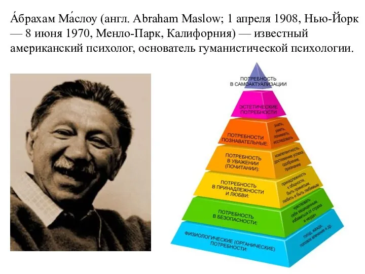 А́брахам Ма́слоу (англ. Abraham Maslow; 1 апреля 1908, Нью-Йорк — 8 июня