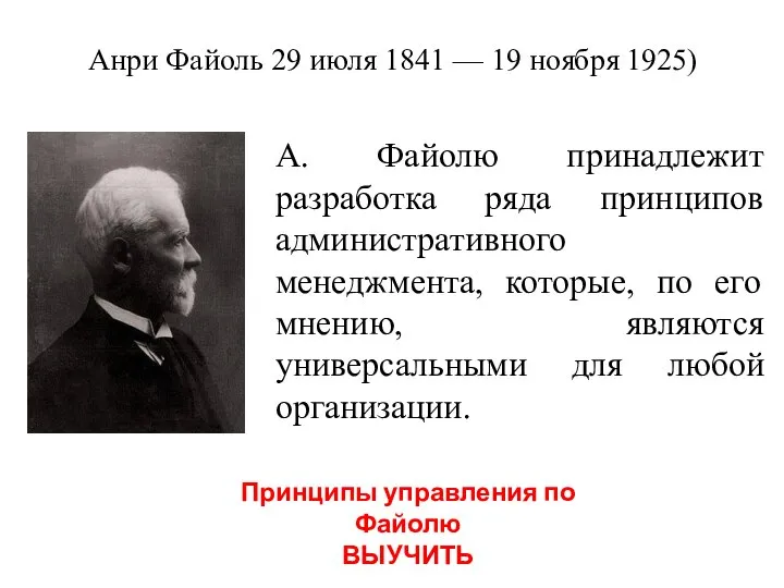 Анри Файоль 29 июля 1841 — 19 ноября 1925) Принципы управления по