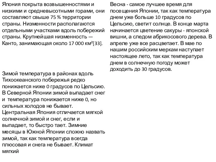 Япония покрыта возвышенностями и низкими и средневысотными горами, они составляют свыше 75