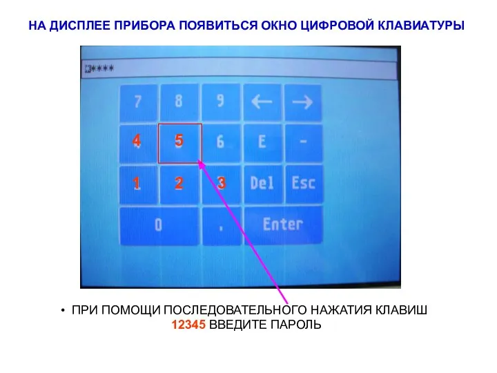 ПРИ ПОМОЩИ ПОСЛЕДОВАТЕЛЬНОГО НАЖАТИЯ КЛАВИШ 12345 ВВЕДИТЕ ПАРОЛЬ НА ДИСПЛЕЕ ПРИБОРА ПОЯВИТЬСЯ