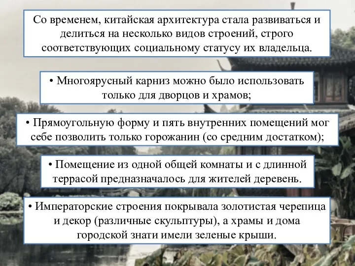 Со временем, китайская архитектура стала развиваться и делиться на несколько видов строений,