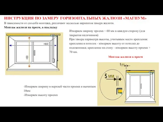 ИНСТРУКЦИЯ ПО ЗАМЕРУ ГОРИЗОНТАЛЬНЫХ ЖАЛЮЗИ «МАГНУМ» В зависимости от способа монтажа, различают