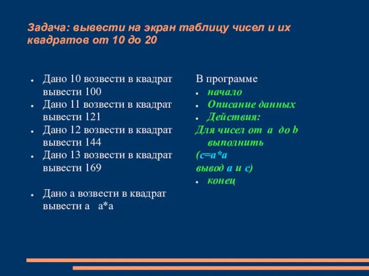 Задача: вывести на экран таблицу чисел и их квадратов от 10 до