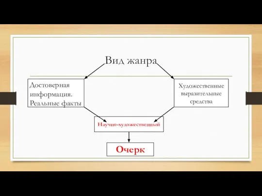 Вид жанра Достоверная информация. Реальные факты Художественные выразительные средства Научно-художественный Очерк