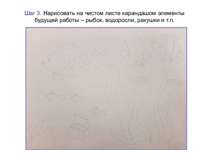 Шаг 3. Нарисовать на чистом листе карандашом элементы будущей работы – рыбок, водоросли, ракушки и т.п.