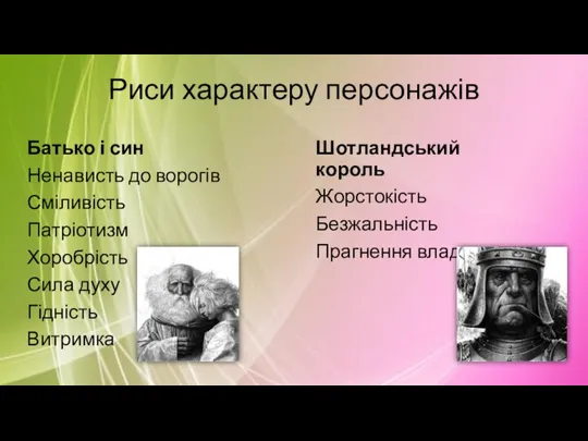 Риси характеру персонажів Батько і син Ненависть до ворогів Сміливість Патріотизм Хоробрість