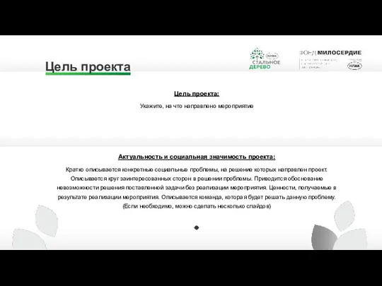 Цель проекта Цель проекта: Укажите, на что направлено мероприятие Актуальность и социальная