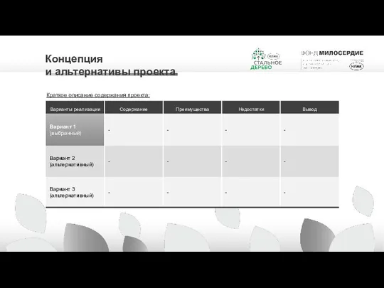 Концепция и альтернативы проекта Краткое описание содержания проекта: