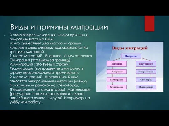 Виды и причины миграции В свою очередь миграции имеют причины и подразделяются