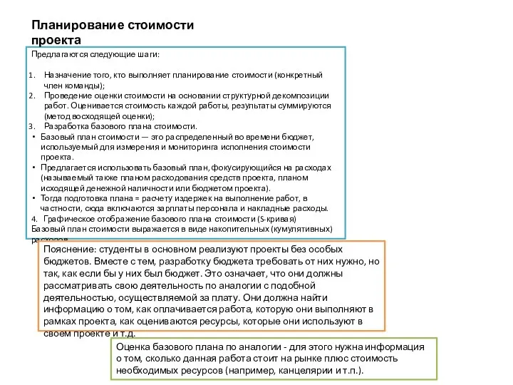 Предлагаются следующие шаги: Назначение того, кто выполняет планирование стоимости (конкретный член команды);