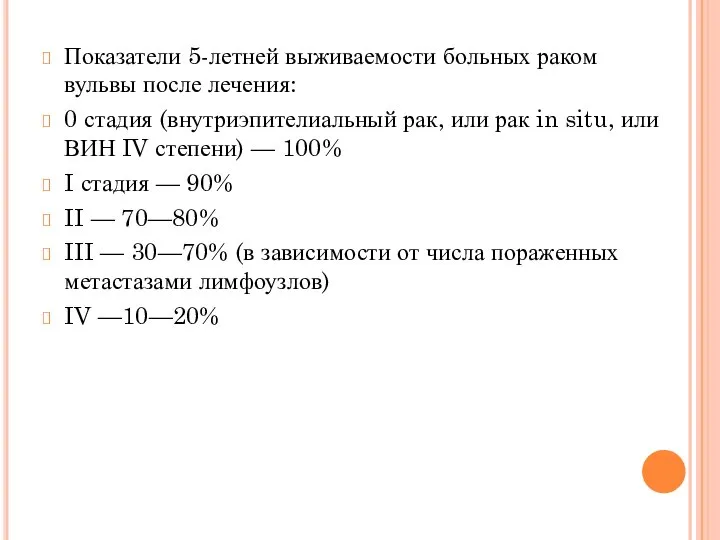 Показатели 5-летней выживаемости больных раком вульвы после лечения: 0 стадия (внутриэпителиальный рак,