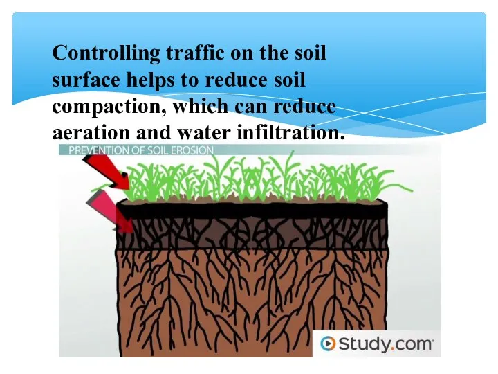 Controlling traffic on the soil surface helps to reduce soil compaction, which