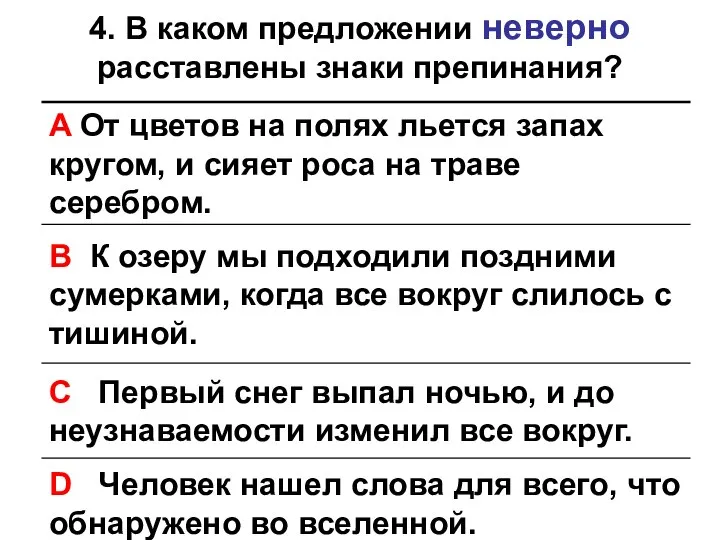 4. В каком предложении неверно расставлены знаки препинания?