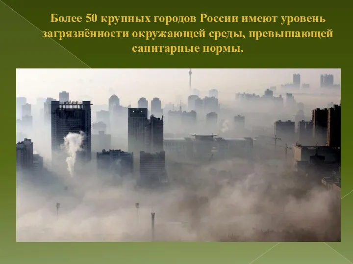 Более 50 крупных городов России имеют уровень загрязнённости окружающей среды, превышающей санитарные нормы.
