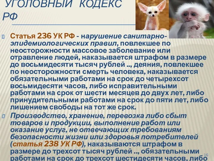 УГОЛОВНЫЙ КОДЕКС РФ Статья 236 УК РФ - нарушение санитарно-эпидемиологических правил, повлекшее