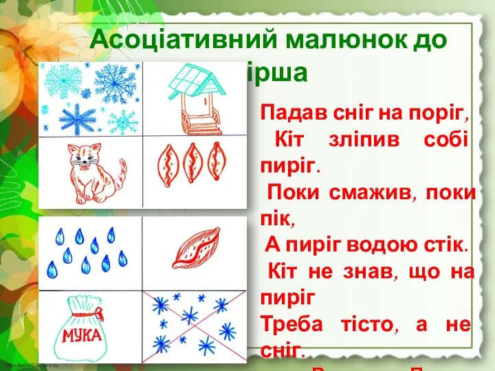 Асоціативний малюнок до вірша Падав сніг на поріг, Кіт зліпив собі пиріг.