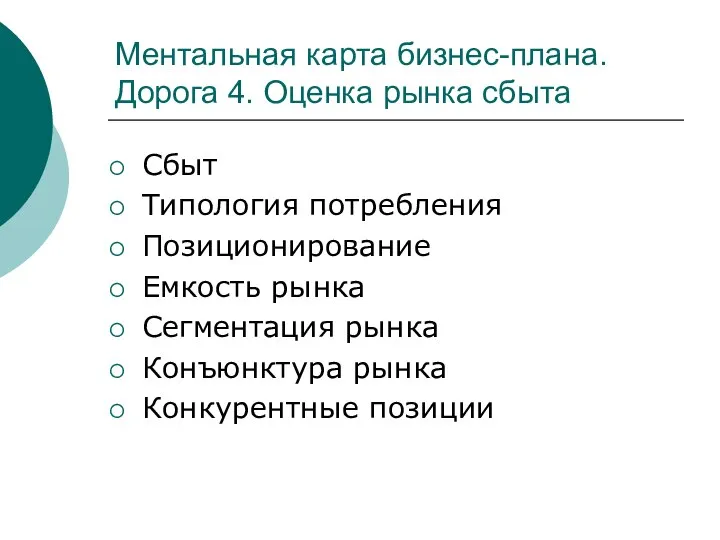 Ментальная карта бизнес-плана. Дорога 4. Оценка рынка сбыта Сбыт Типология потребления Позиционирование