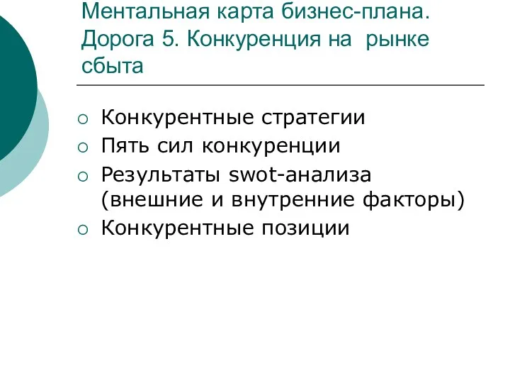 Ментальная карта бизнес-плана. Дорога 5. Конкуренция на рынке сбыта Конкурентные стратегии Пять