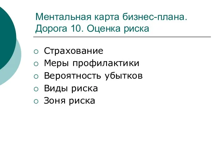 Ментальная карта бизнес-плана. Дорога 10. Оценка риска Страхование Меры профилактики Вероятность убытков Виды риска Зоня риска