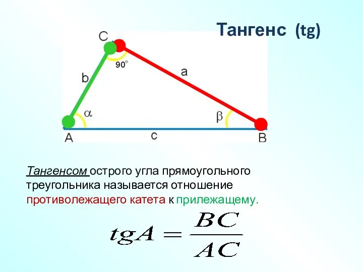 Тангенс (tg) Тангенсом острого угла прямоугольного треугольника называется отношение противолежащего катета к прилежащему.