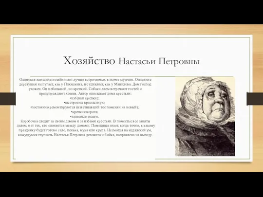 Хозяйство Настасьи Петровны Одинокая женщина хозяйничает лучше встречаемых в поэме мужчин. Описание